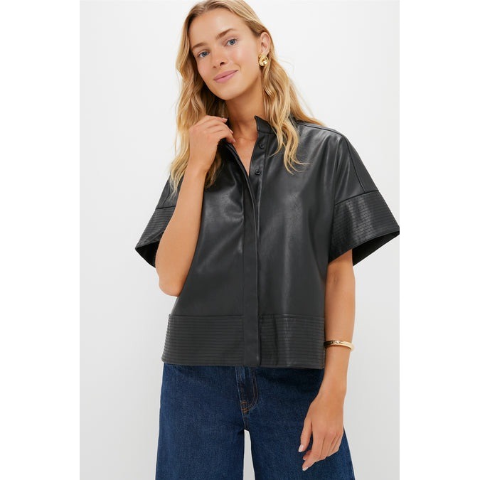 Tuckernuck Sofia Black Vegan Leather Short Sleeve Button Down Blouse Standcollar